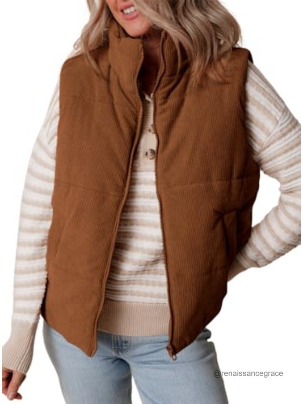 Womens Corduroy Puffer Vest Sleeveless Quilted Zip Front Outerwear